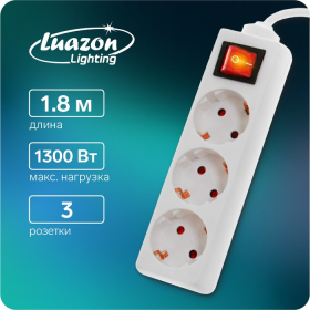 Удлинитель Luazon Lighting, 3 розетки, 1,8 м, 10 А, 1300 Вт, 3х0.75 мм2, с з/к, с выкл., Б