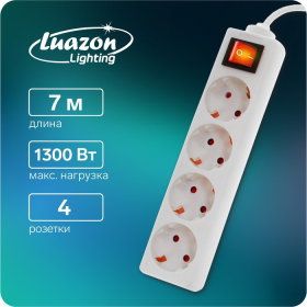 Удлинитель Luazon Lighting, 4 розетки, 7 м, 10 А, 1300 Вт, 3х0.75 мм2, с з/к, с выкл., Б