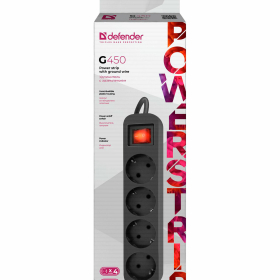 Удлинитель сетевой DEFENDER G450, 4 розетки, c заземлением, выключатель, 10А, длина 5 м, черный, 99339