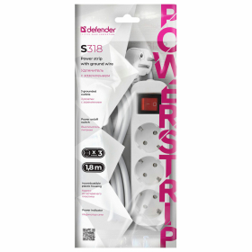 Удлинитель сетевой DEFENDER S318, 3 розетки c заземлением, выключатель, 10А, длина 1,8 м, белый, 99233
