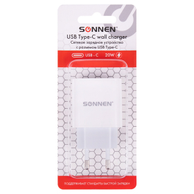 Зарядное устройство быстрое сетевое (220 В) SONNEN, Type-C PD 20 Вт, 3 A, белое, 455507