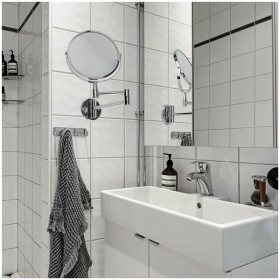 Зеркало настенное BRABIX, диаметр 17 см, двухстороннее, с увеличением, нержавеющая сталь, выдвижное (петли), 604952